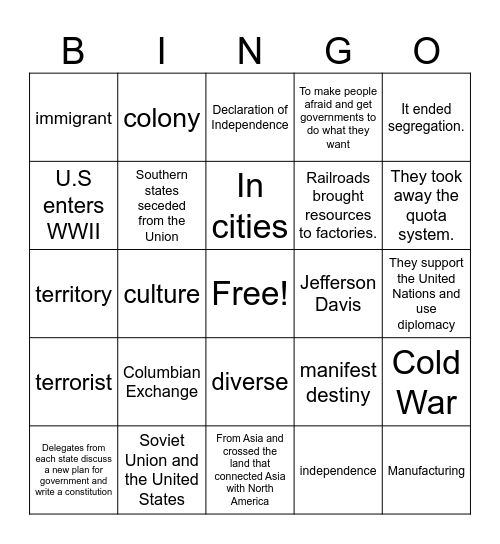 Americans and their History Bingo Card
