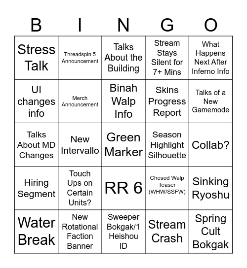 Anniversary Stream Bingo Card