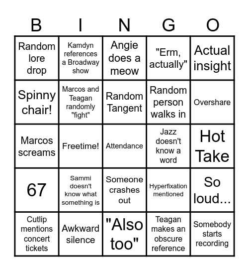 6th Period BINGO Card
