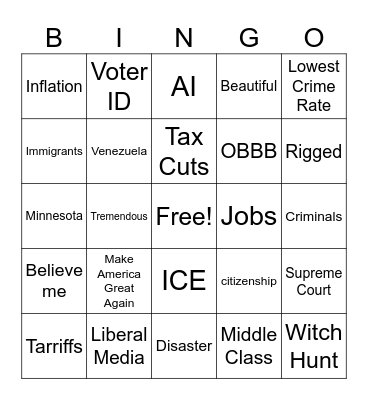 2026 State of the Union Bingo Card