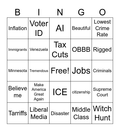 2026 State of the Union Bingo Card