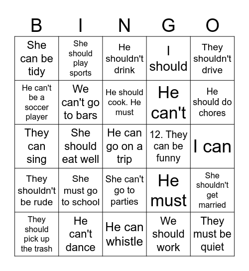 Modal Verbs Bingo Card