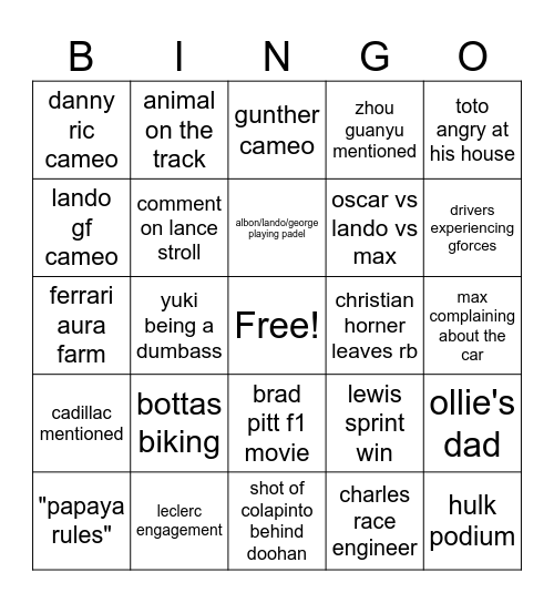 drive to survive Bingo Card