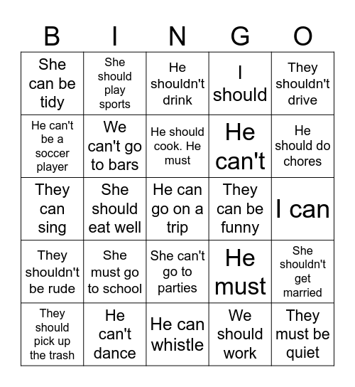 Modal Verbs Bingo Card