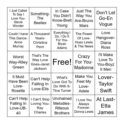 Love Songs Bingo Card