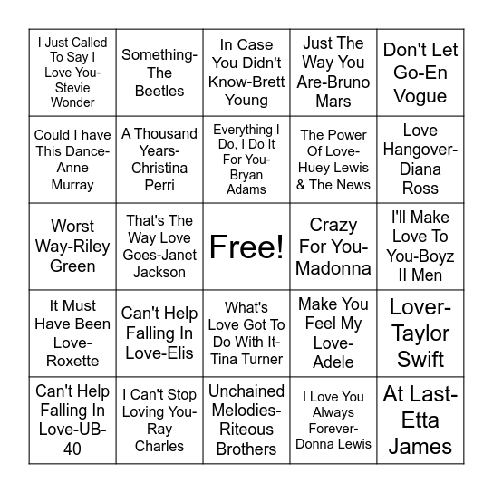 Love Songs Bingo Card
