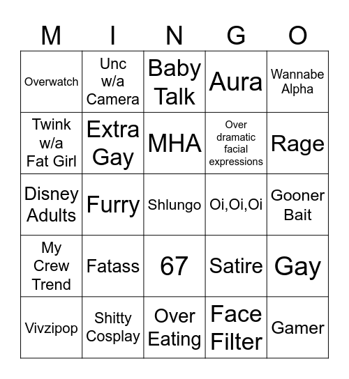 Cringe Comp Mingo Bingo Card