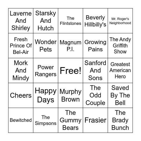 T.V. Theme Songs Bingo Card
