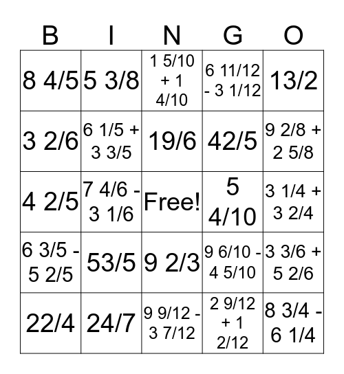 Improper Fractions and Mixed Numbers Bingo Card