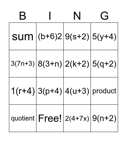 Distributive Property  Bingo Card