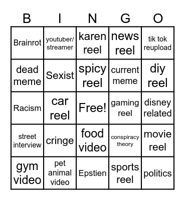 Instagram reel bingo Card