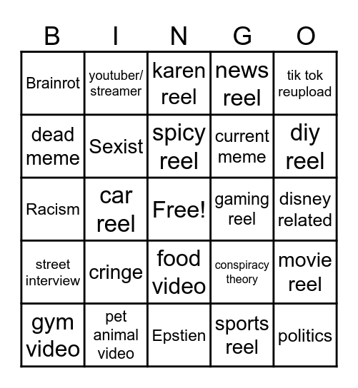 Instagram reel bingo Card