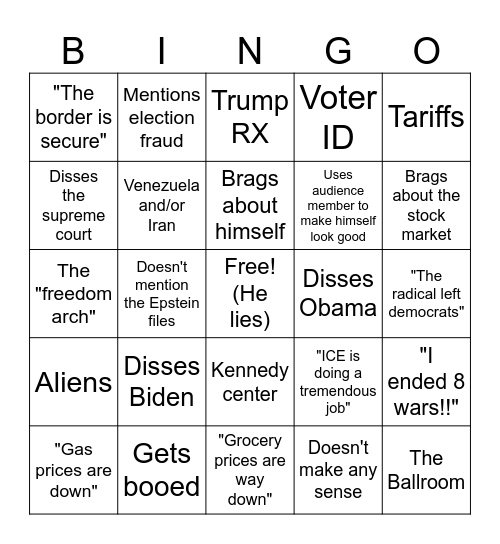 Trump State of the Union Bingo Card