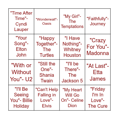 Love Song Bingo Card