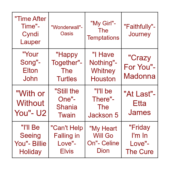 Love Song Bingo Card