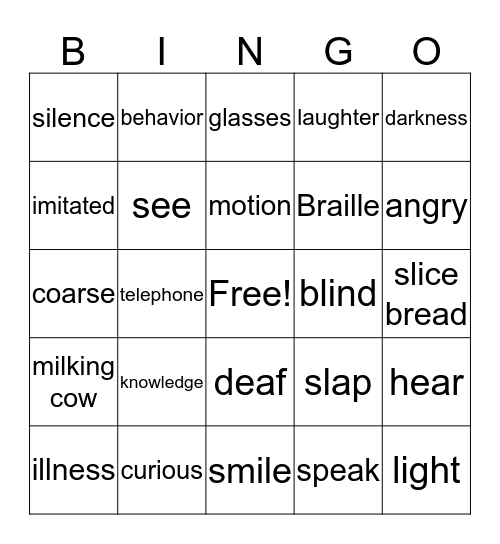 Helen Keller Bingo Card