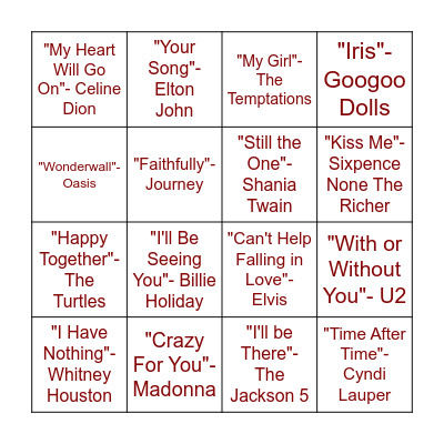 Love Song Bingo Card
