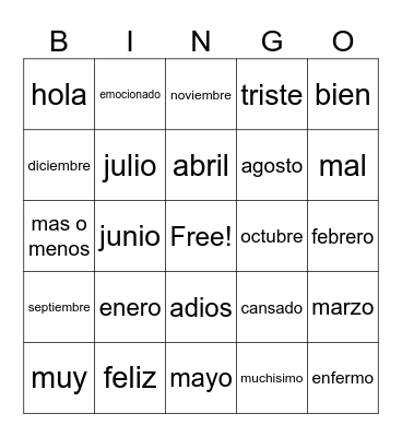 Months Bingo Card