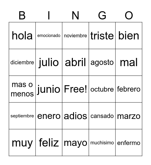 Months Bingo Card
