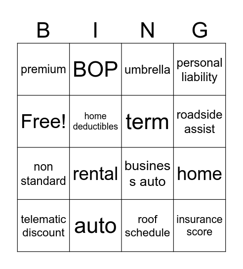 Insurance Bingo Card