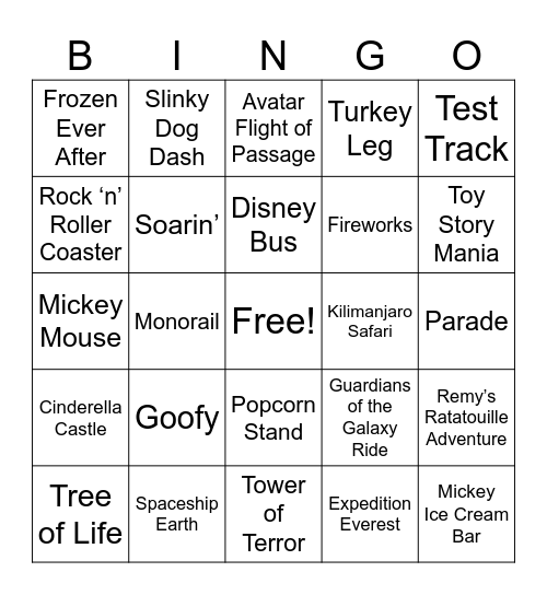 Disney World Bingo Card