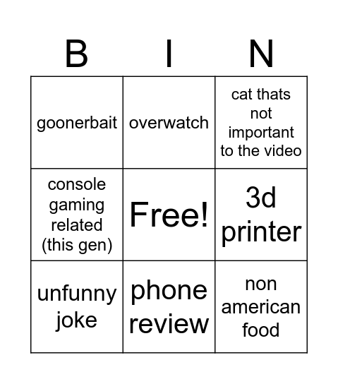 shorts bingo Card