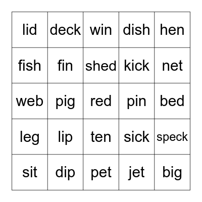 Short e/i Bingo Card