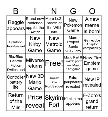 Nintendo Switch Presentation Bingo Card