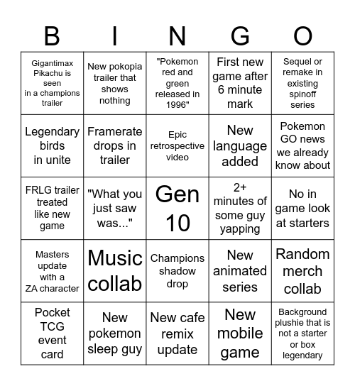 Pokemon presents Bingo Card