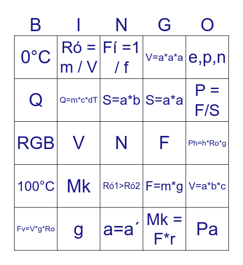 Fyzikálne BINGO Card