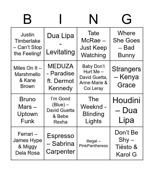 Musical Bingo Card