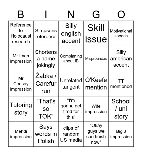 History IB Bingo card Bingo Card