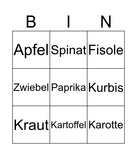 Obst und gemüse Bingo Card