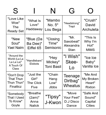 One Hit Wonder Singo! Bingo Card