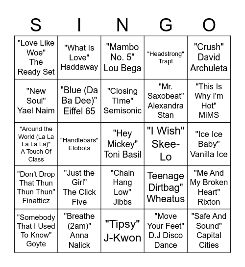 One Hit Wonder Singo! Bingo Card