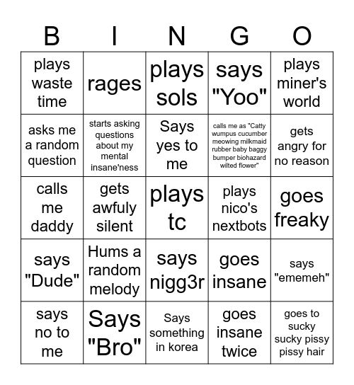 deanie weanie bingo Card