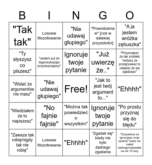 Adasiko się kłóci Bingo Card