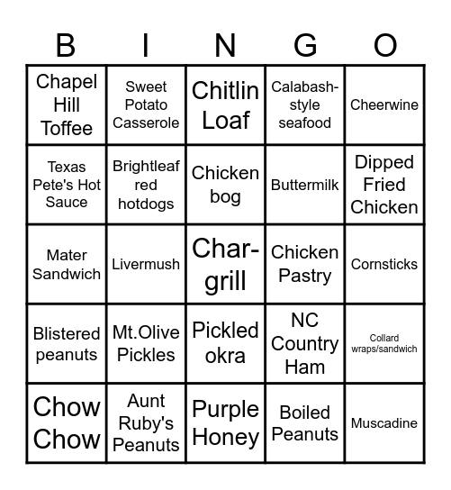 Good Ol' NC Grub Bingo Card