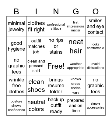 Dressing for Success Bingo Card