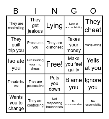 Red flags in a relationship Bingo Card