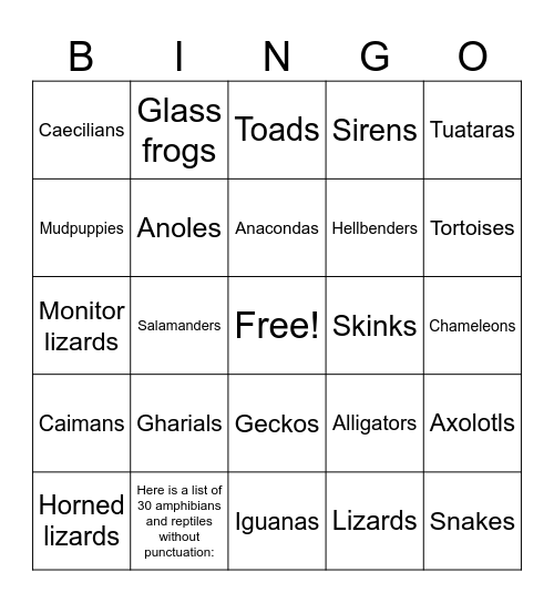 Amphibians and Reptiles Bingo Card