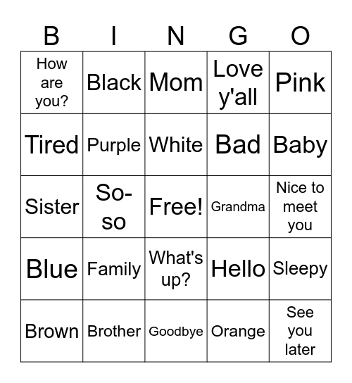 ASL Colors / Family / Greetings Bingo Card