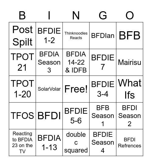 What season of BFDI shall we watch? Bingo Card