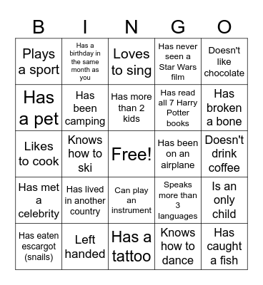 Get to Know Someone Bingo Card