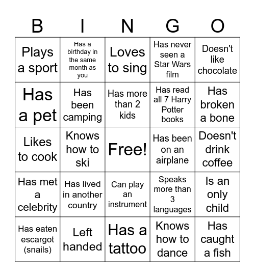 Get to Know Someone Bingo Card