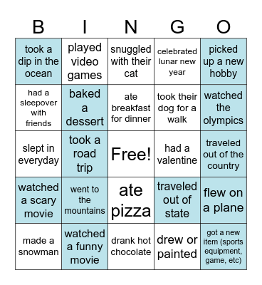 Mid Winter Break 2026 Edition (blue = write the answer too) Bingo Card