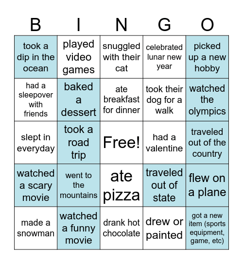 Mid Winter Break 2026 Edition (blue = write the answer too) Bingo Card