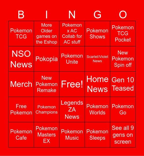 Pokemon Presents Feb 2026 Bingo Card