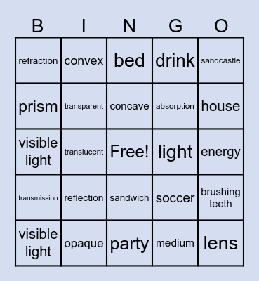 Light energy and 3 step Bingo Card