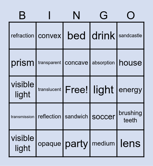 Light energy and 3 step Bingo Card